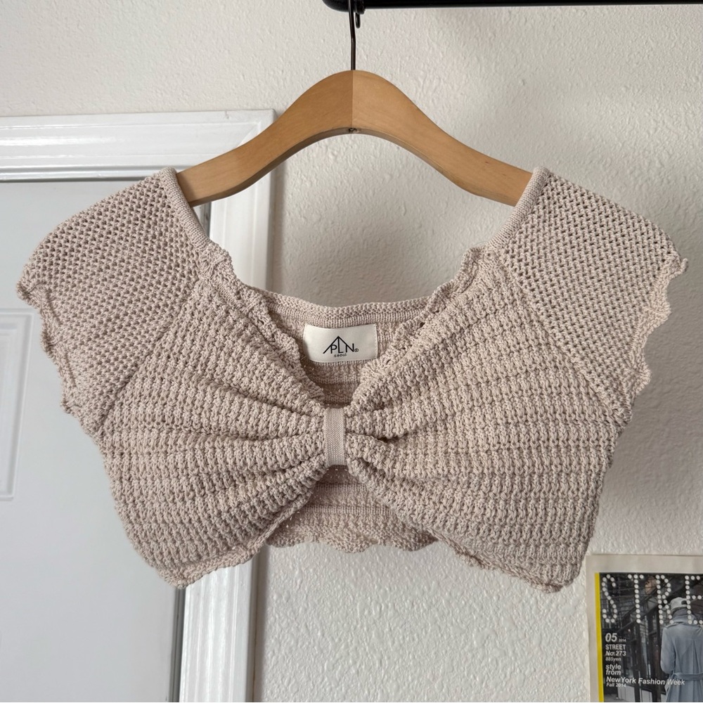 PLN SEOUL tan crochet knit chunky short sleeve sleeveless cropped top
